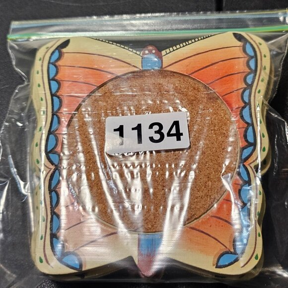 Vintage Butterfly Coaster Set of 4 Center Cut Out w Cork Insert 5" - Picture 5 of 5